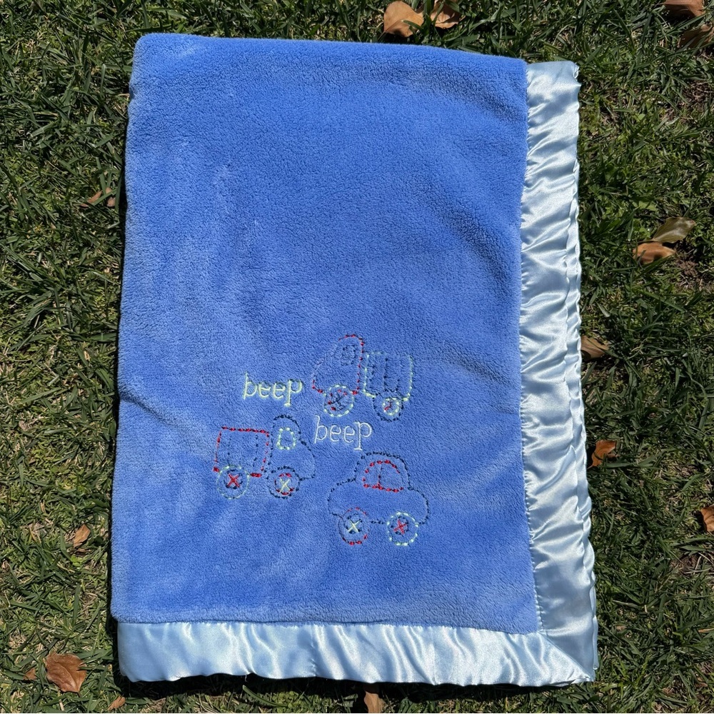 Gerber Beep Beep Car Truck Blue Plush Satin Trim Security Blanket Lovey 30x40